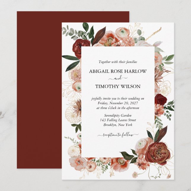 Invitation Bourgogne Rustique Floral Rose d'or Marsala Mariag (Devant / Derrière)