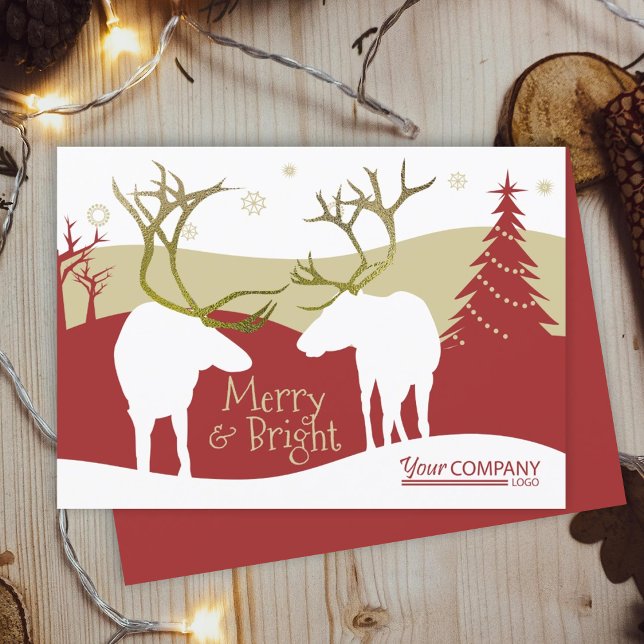 Invitation Bourgogne rustique, Noël des rennes beiges (rustic burgundy beige reindeer gold antlers company business holiday christmas xmas greeting cards)