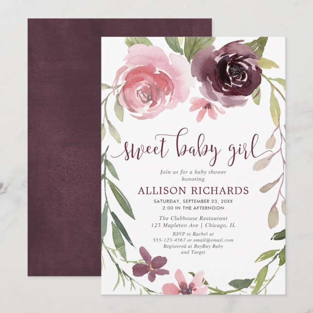 Invitation Bourgogne rustique rougissent baby shower floral (Devant / Derrière)