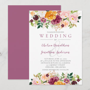 Invitation Bourgogne, safran, Mariage de fleurs d'aquarelle m