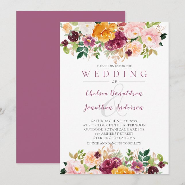 Invitation Bourgogne, safran, Mariage de fleurs d'aquarelle m (Devant / Derrière)