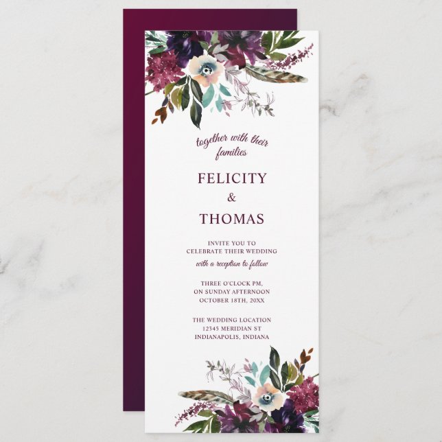 Invitation Bourgogne Splendor Boho Florals Mariage blanc (Devant / Derrière)