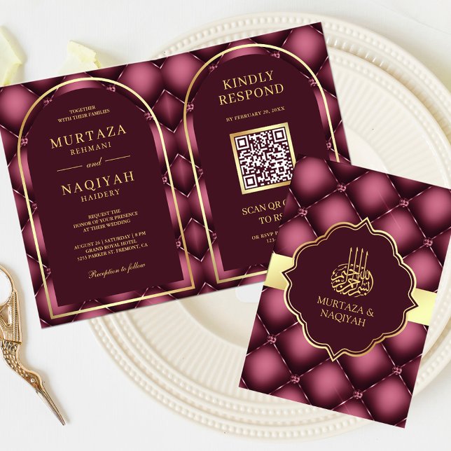Invitation Bourgogne Tufé Motif QR Code Musulman Mariage (Créateur téléchargé)