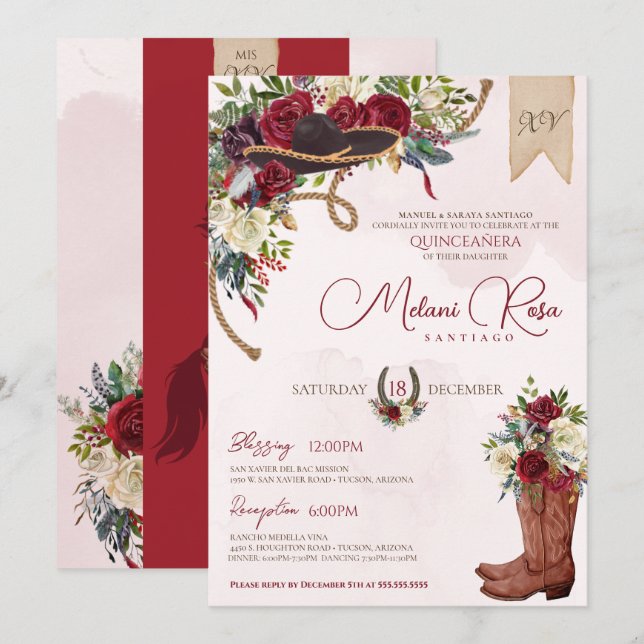 Invitation Bourgogne vacances Floral Ouest Charro Quinceanera (Devant / Derrière)