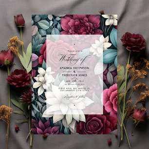Invitation Bourgogne, vert forestier et Mariage floral au cha
