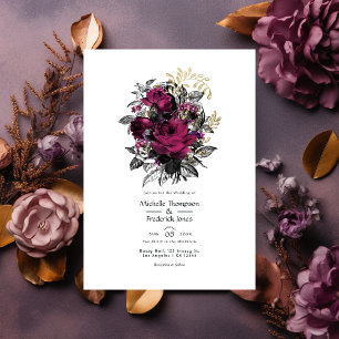Invitation Bourgogne vintage - Marsala et Mariage Floral d'or