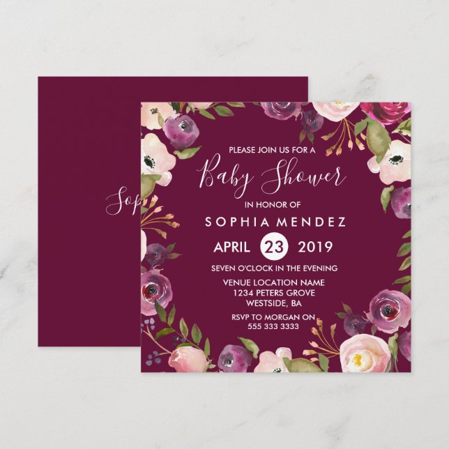 Invitation Bourgogne violet Baby shower botanique floral (Devant / Derrière)
