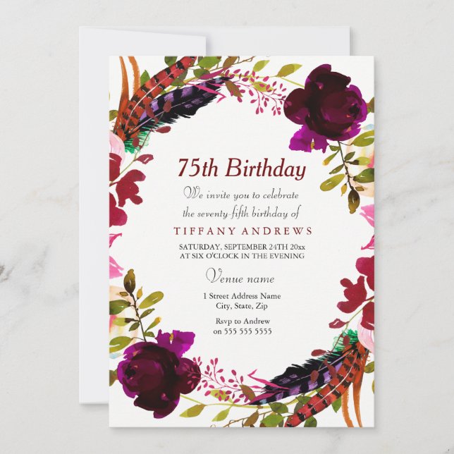 Invitation Bourgogne Violet Floral 75e anniversaire Invitatio (Devant)
