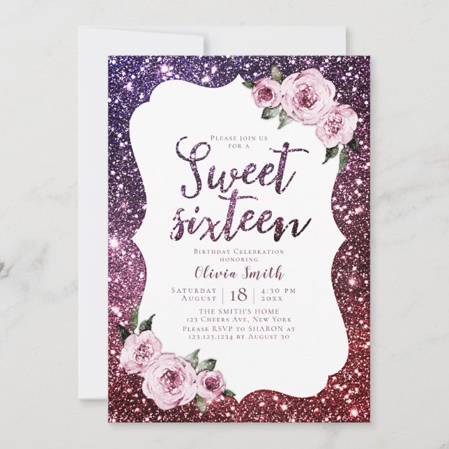 Invitation Bourgogne violet parties scintillant floral doux 1 (Devant)