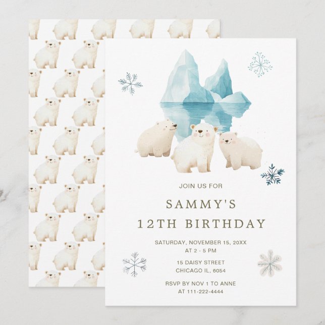 Invitation Bours polaires d'hiver mignons Fête d'anniversaire (Devant / Derrière)