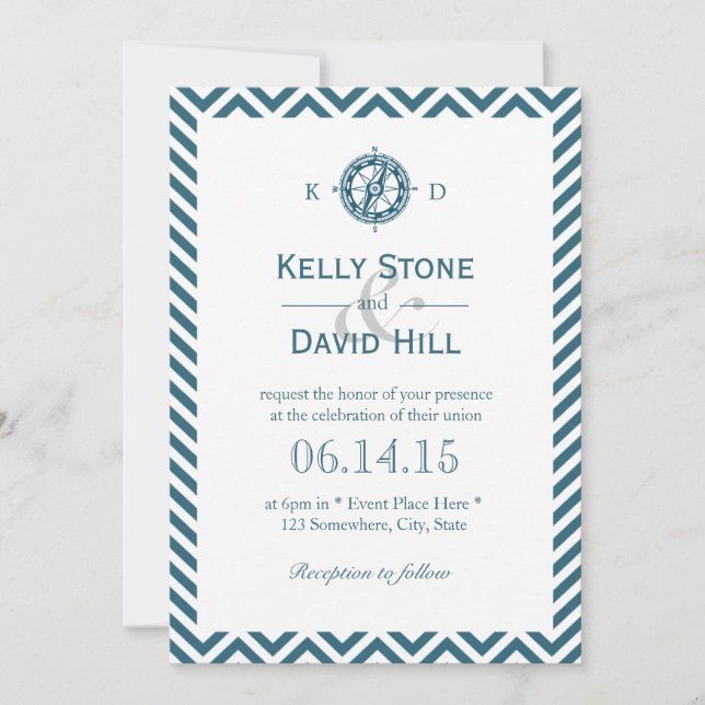 Invitation Boussole marine Bleu Chevron Stripes Mariage (Devant)