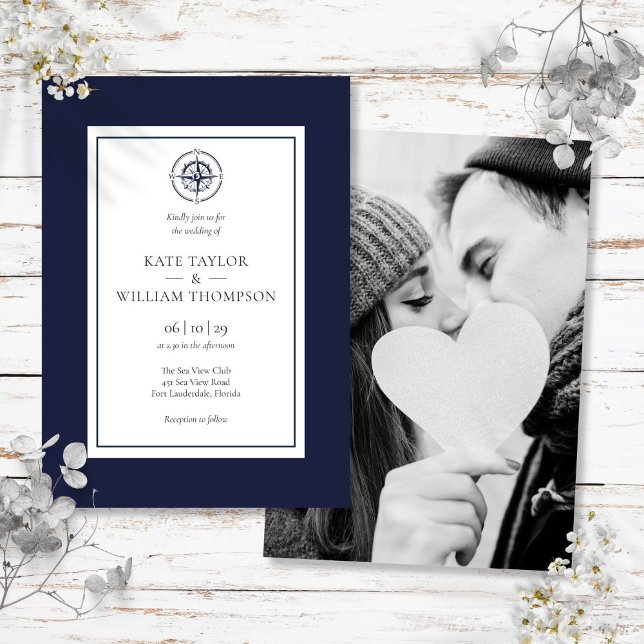 Invitation Boussole marine Bleu et blanc Mariage photo (Nautical Compass Navy Blue And White Wedding Photo Invitation)