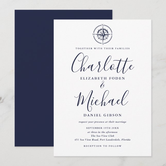 Invitation Boussole marine Mariage de script bleu marine (Devant / Derrière)