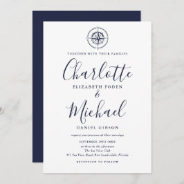 Invitation Boussole marine Mariage de script bleu marine