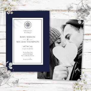 Invitation Boussole Naútico Bleu Marine Et Photo De Mariage B