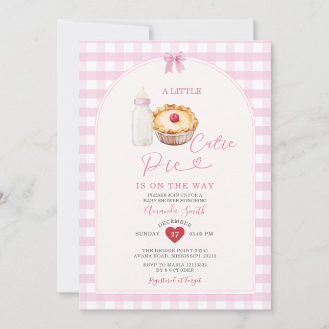 Invitation Bouteille de lait Cutie Pie Rose En vichy Baby sho (Devant)