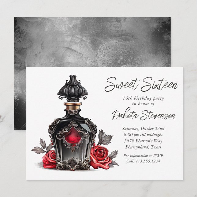 Invitation Bouteille de parfum victorienne et Rose | SWEET SI (Devant / Derrière)