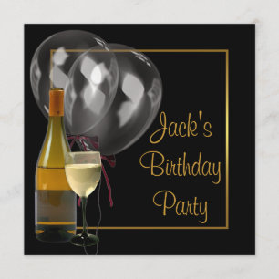 Invitation Bouteille de vin Verre Or Noir Hommes Fête d'anniv
