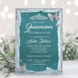 Invitation Bouteille Diamond turquoise Argent Sparkle Quincea