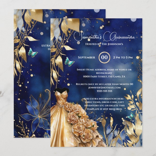 Invitation Bouteille en or de la marine Quinceañera fleurs de (Devant / Derrière)