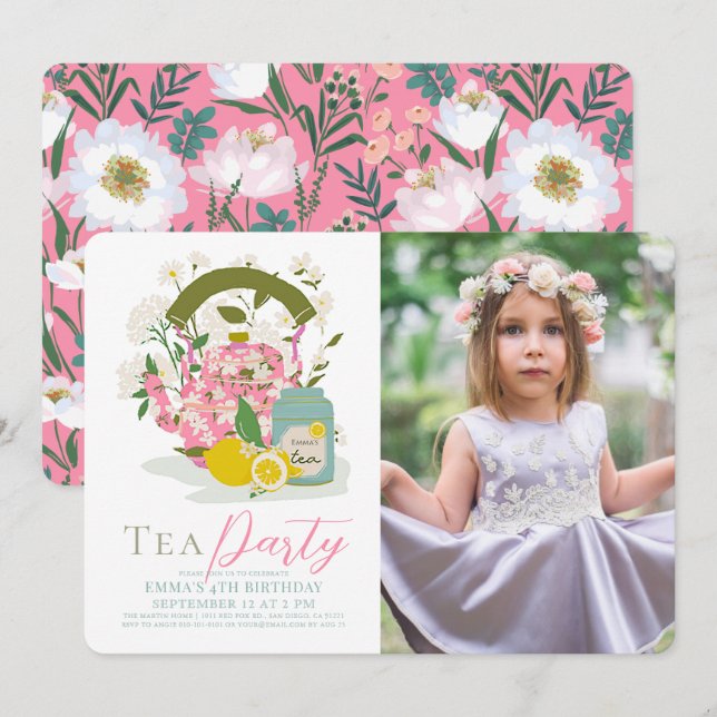 Invitation Bouteille rose Floral Citron Tea Party Fille Anniv (Devant / Derrière)