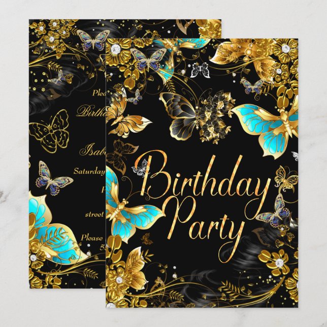 Invitation Bouteille Turquoise Noire Sparkle Noir Fête d'Anni (Devant / Derrière)