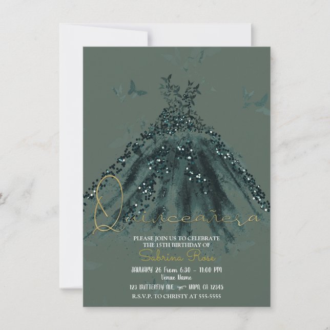 Invitation Bouteille verte Robe de danse papillon Quinceañera (Devant)