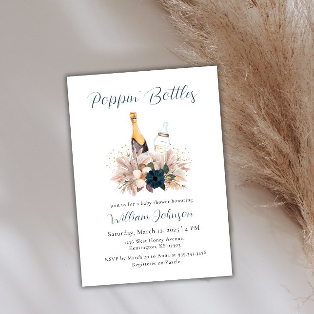 Invitation Bouteilles à Poppin de Boho bleu Baby shower Champ (Blue Boho Poppin Bottles Champagne Baby Shower Invitation)