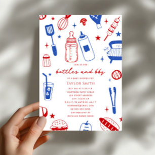 Invitation Bouteilles & BBQ Rouge Blanc Bleu Baby Shower Neut