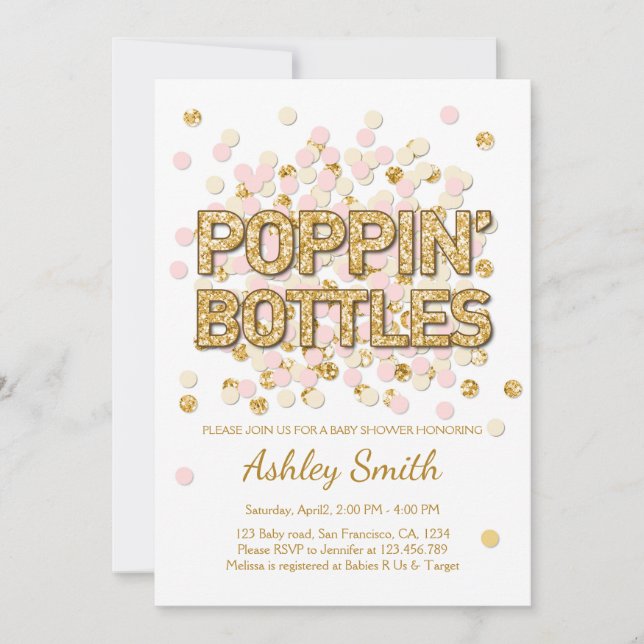 Invitation Bouteilles de Baby shower Poppin Confetti Gold ros (Devant)