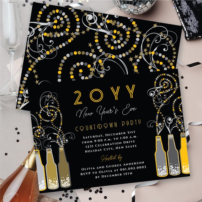 Invitation Bouteilles de bulles jaunes tournoient la fête de  (Yellow Bubbly Bottles Swirls New Year's Eve Party Invitation @ fat_fa_tin)