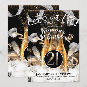 Invitation Bouteilles de Champagne Gold Let's Get Lit 21ème A