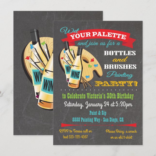 Invitation Bouteilles et brosses Peinture et Sip Art Party (Devant / Derrière)