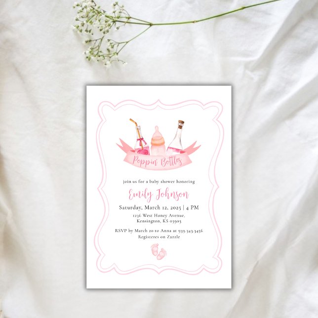 Invitation Bouteilles Poppin Champagne Baby shower fille (Poppin Bottles Champagne Girl Baby Shower Invitation)