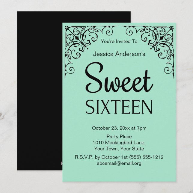 Invitation Boutique Parisienne Mint Green Sweet sixteen noir (Devant / Derrière)