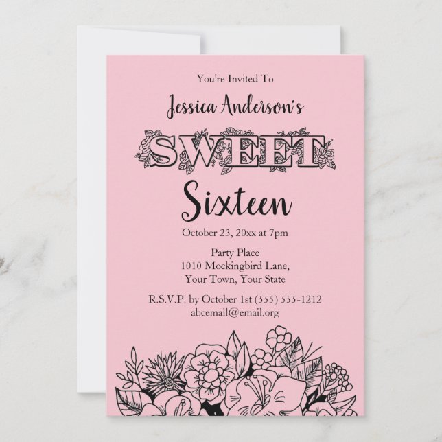 Invitation Boutique parisienne Sweet sixteen floral rose noir (Devant)