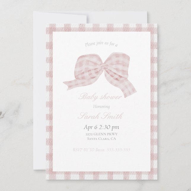 Invitation Bouton à arc rose mou baby shower (Devant)