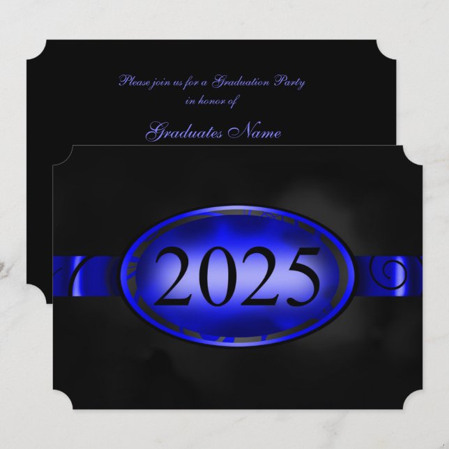 Invitation Bouton bleu et noir floral 2025 Graduation Party (Devant / Derrière)