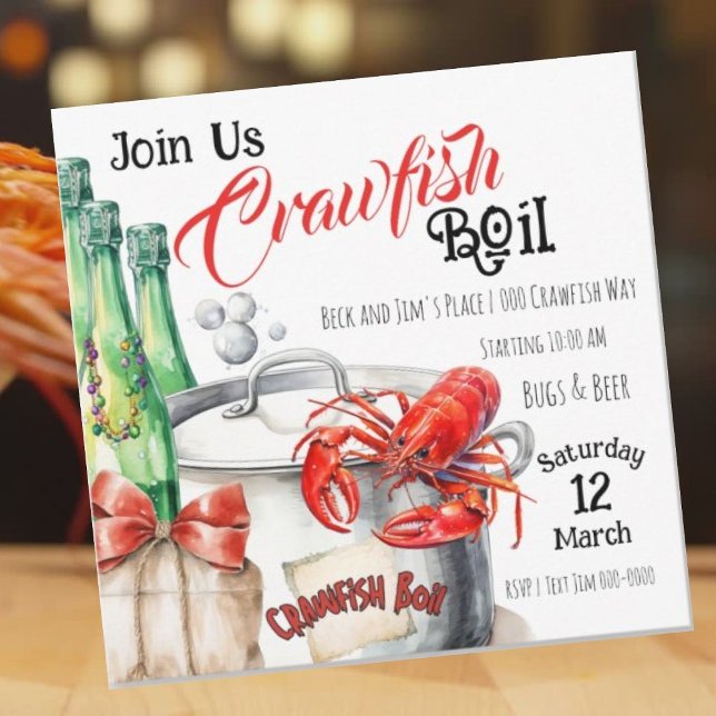 Invitation Bouton | Crawfish Boy Party (Crawfish Boil party invitations with boiling pot, crawfish and burlap.  Customize these! )
