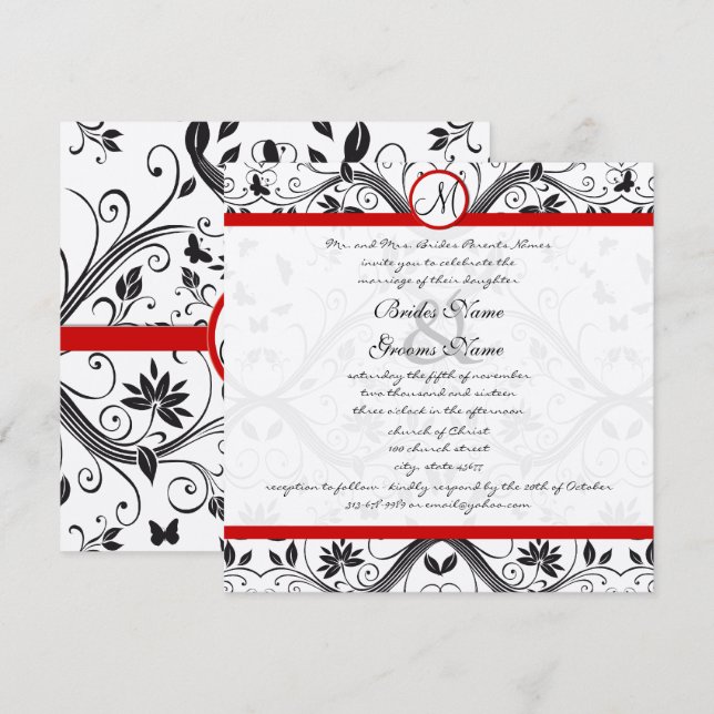Invitation Bouton Damas noir tournoie Mariage à mèche rouge (Devant / Derrière)