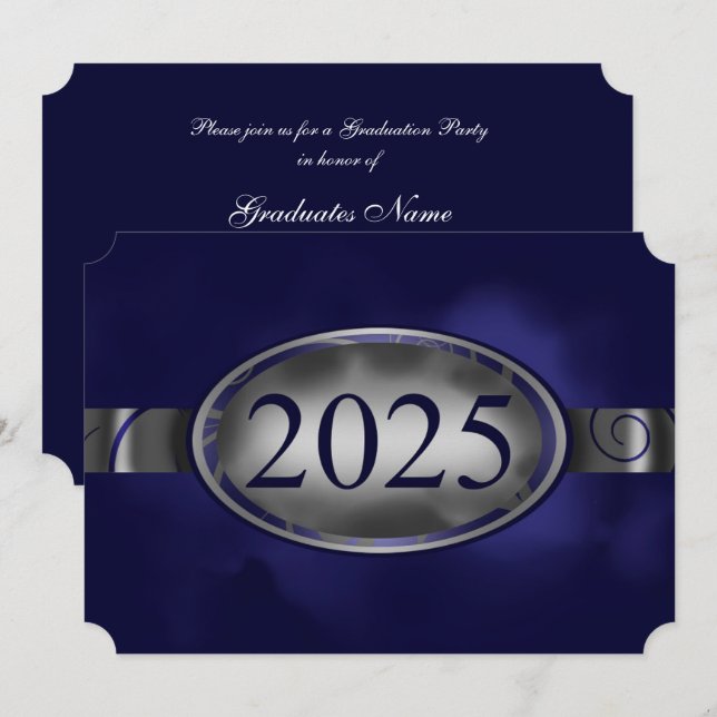 Invitation Bouton floral bleu et argent 2025 Graduation Party (Devant / Derrière)