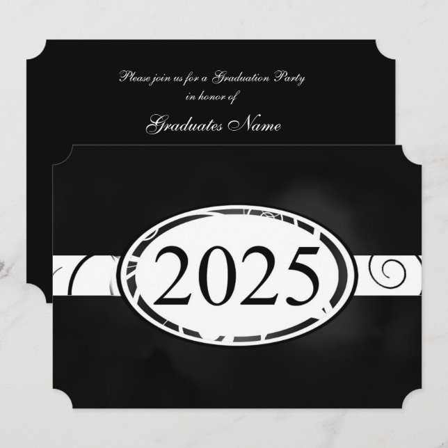 Invitation Bouton floral noir et blanc 2025 Graduation Party (Devant / Derrière)