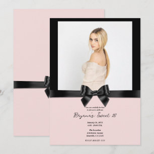 Invitation Bouton noir Satin Bow Blush Rose Photo Sweet 16