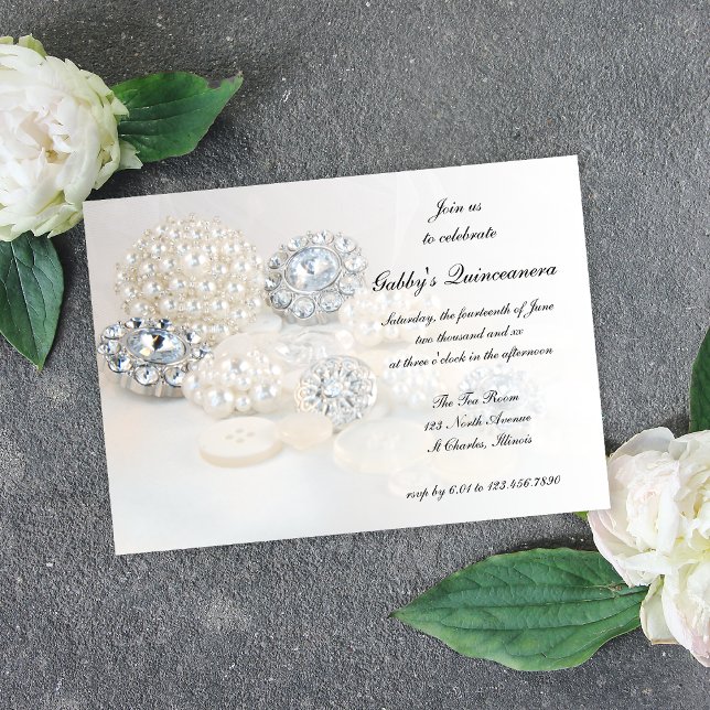 Invitation Boutons perles et diamants Quinceañera (Créateur téléchargé)