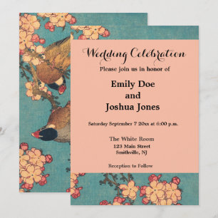 Invitation Bouvreuil d'Hokusai et fleur de cerisier Estampe d