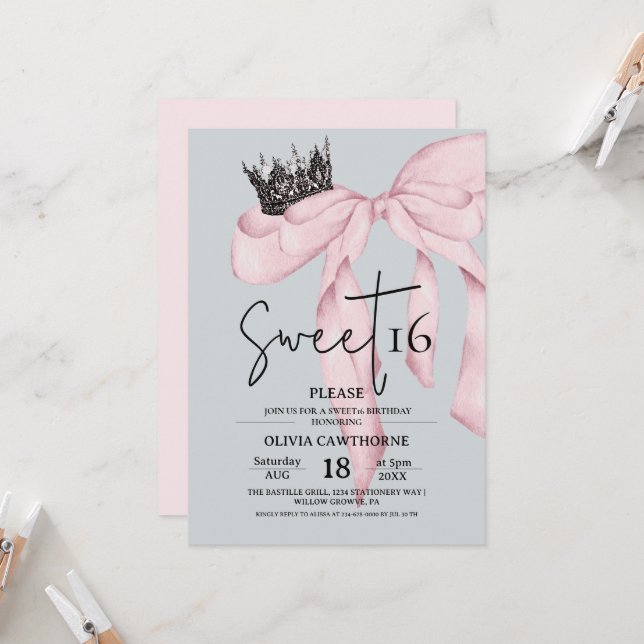 Invitation Bow 16th Birthday ⎮Modern Pink Sweet 16 (Devant/Arrière en situation)