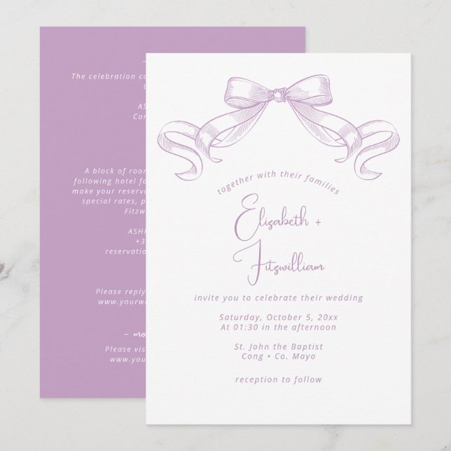 Invitation Bow à croquis romantique | Mariage avant Lilac + a (Devant / Derrière)