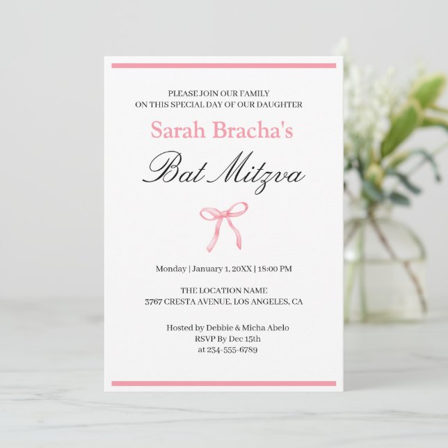 Invitation Bow bat mitzvah Coquette Aquarelle rose (Debout devant)