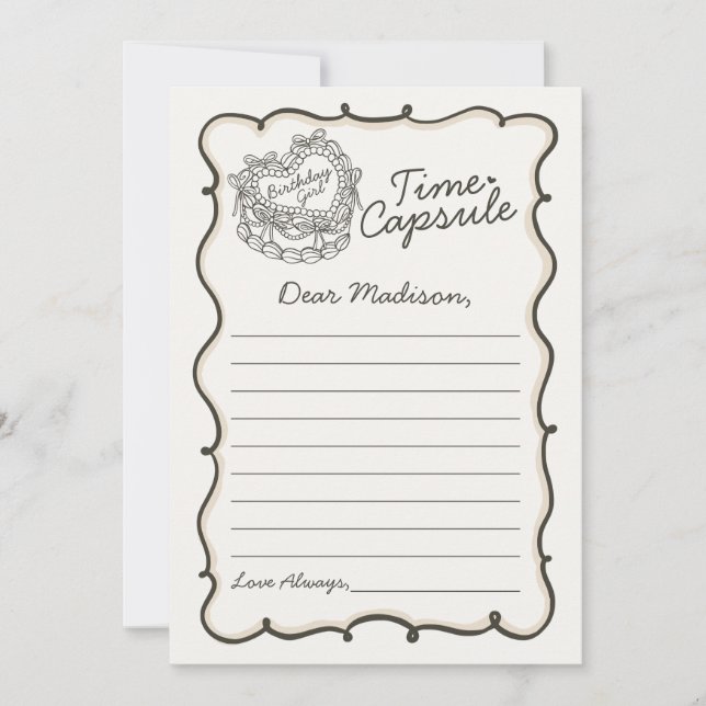 Invitation Bow Beige Coquette Coeur rétro Capsule temps gâtea (Devant)