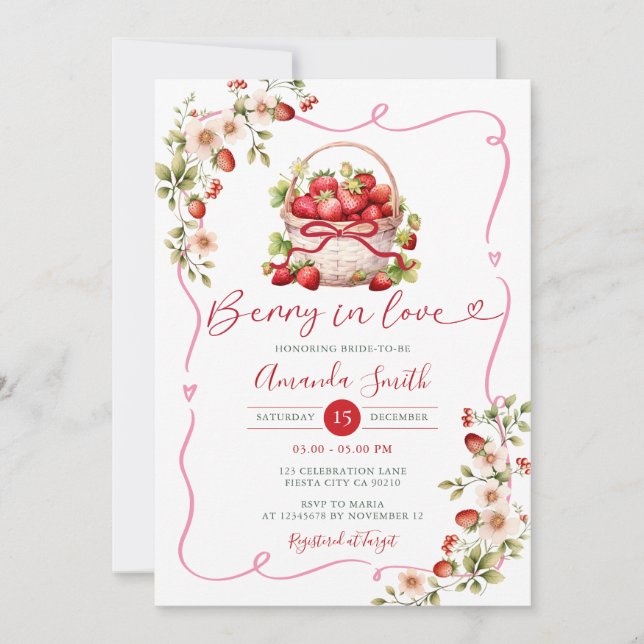 Invitation Bow Berry en amour Fête des mariées fraise Floral (Devant)